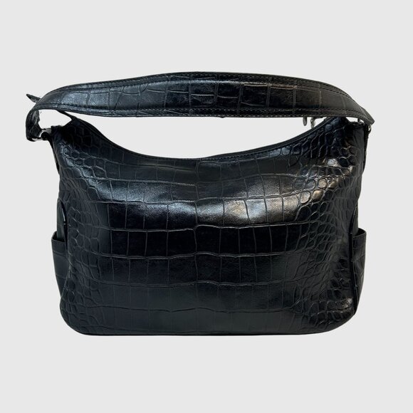 LC Black Faux Croc Embossed Shoulder Bag With Silver Accents & Multiple Pockets - Picture 2 of 12